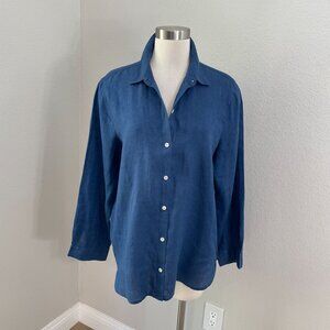 J Jill Womens Medium Love Linen Blue 100% Linen Button Up Shirt Long Sleeve Top